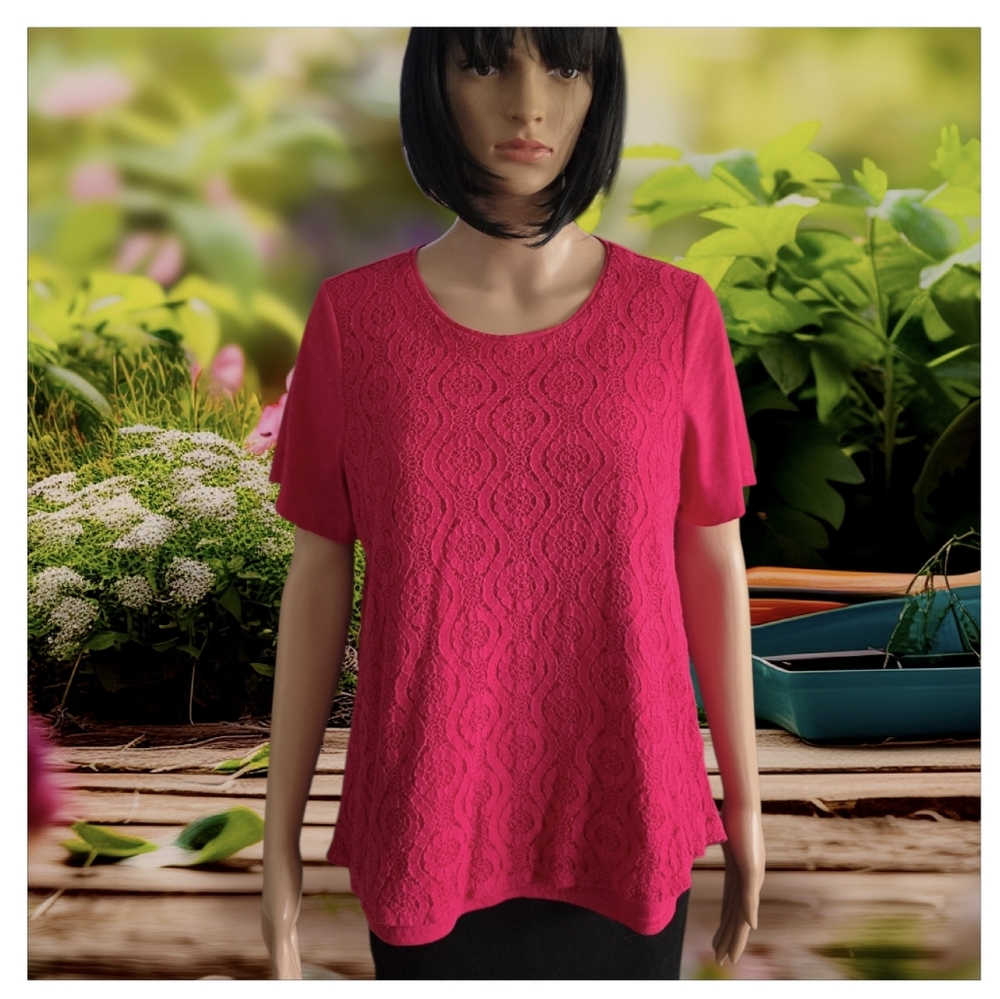 Classic Edition Dark Pink short sleeves embroidery sweater,Lace tee,size L